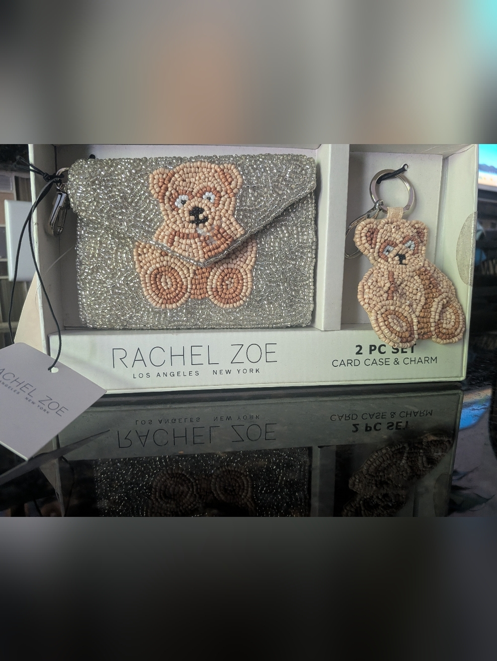 Rachel Zoe Silver Beaded Card Case with Teddy Charm